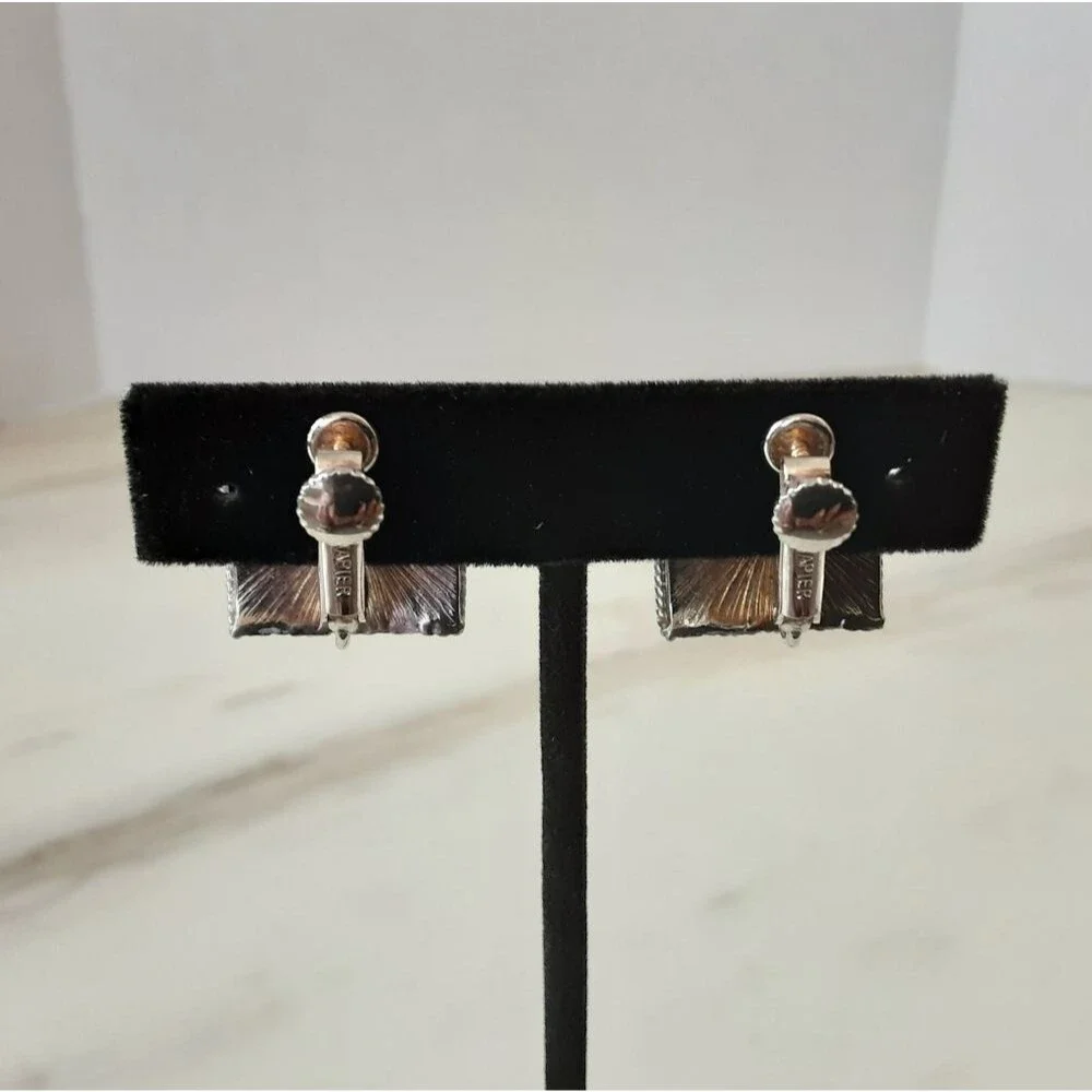 NAPIER Ribbed Silver Tone Square Screw Back Clip On Earrings